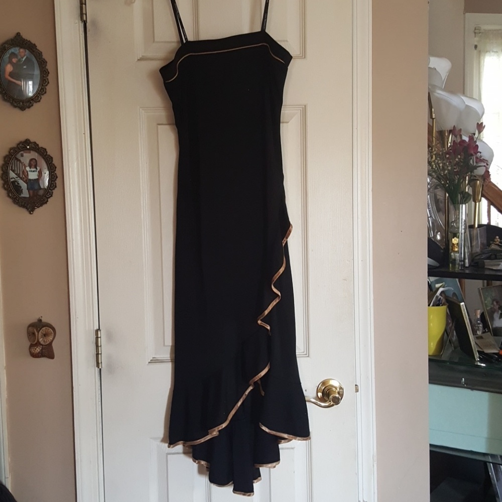 Black Spaghetti-Strap Prom Dress with Gold Trim